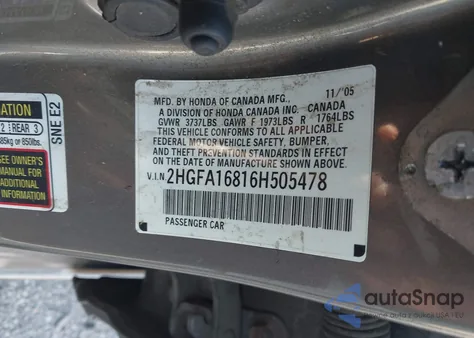 2006 Honda Civic Ex from USA, damaged, VIN 2HGFA16816H505478